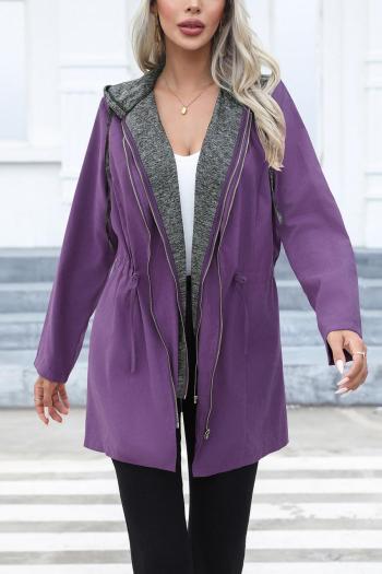 plus size contrast color non-stretch double zip-up hooded casual jacket