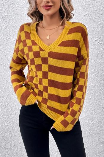 casual slight stretch checkered and stripe knitted v-neck all-match sweater