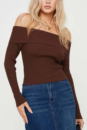 stretch exquisite pure color off-shoulder slim knit sweater