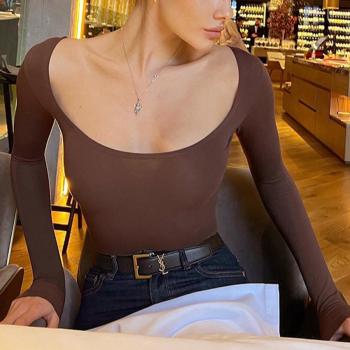sexy slight stretch solid color deep collar top