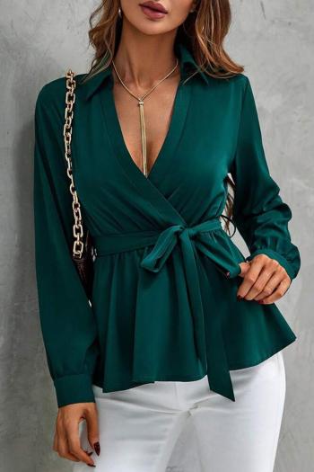 stylish non-stretch pure color long sleeve all-match blouse with belt