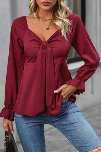 stylish non-stretch pure color knotted long sleeve blouse