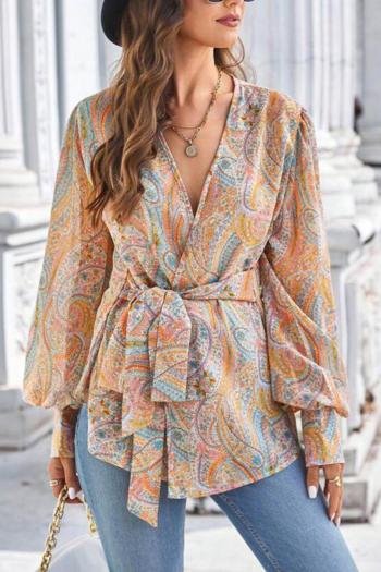 stylish non-stretch chiffon paisley graphic printing v-neck lace-up blouse