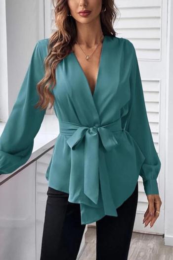 elegant non-stretch pure color v-neck blouse with belt