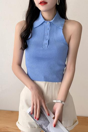 sexy slight stretch ribbed knit 3 colors halter-neck sleeveless sweaters