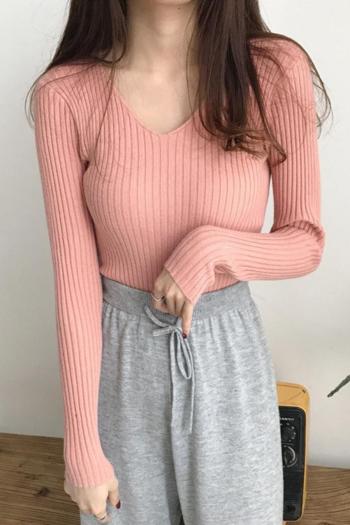 casual slight stretch ribbed knit solid color v-neck sweaters