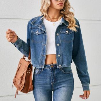 stylish non-stretch solid color single breasted crop denim jacket
