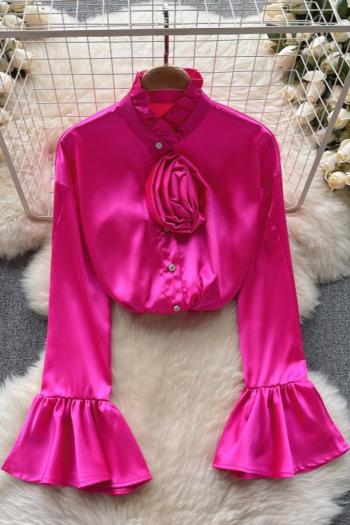 casual non-stretch satin solid color flower decor crew neck blouses