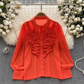 casual non-stretch chiffon solid color lapel flower decor blouses