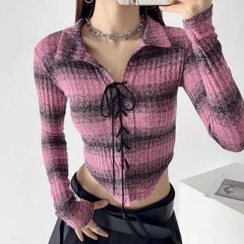casual slight stretch stripe printing lace-up crop t-shirts(size run small)