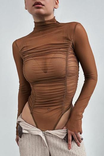 sexy slight stretch 3 colors mesh high collar shirring bodysuit