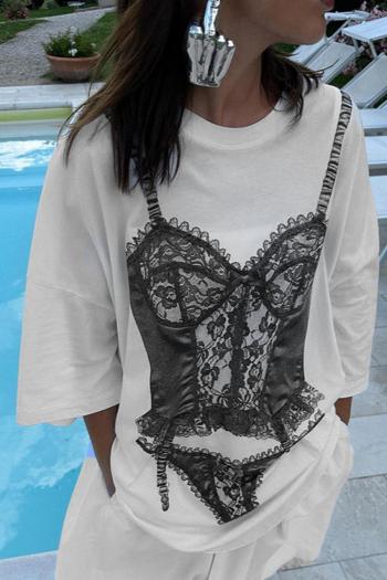 casual slight stretch lace lingerie printing crew neck long t-shirts