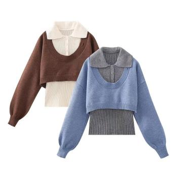 stretch contrast color matched casual knitted 2 pcs sweater set size run small