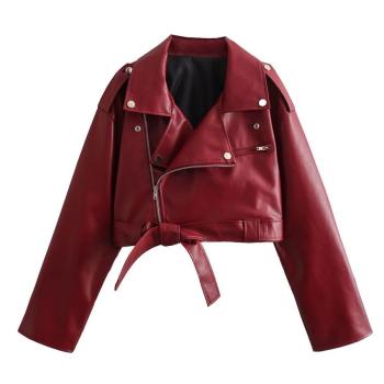 non-stretch stylish zip-up pu leather with belted casual jacket size run small