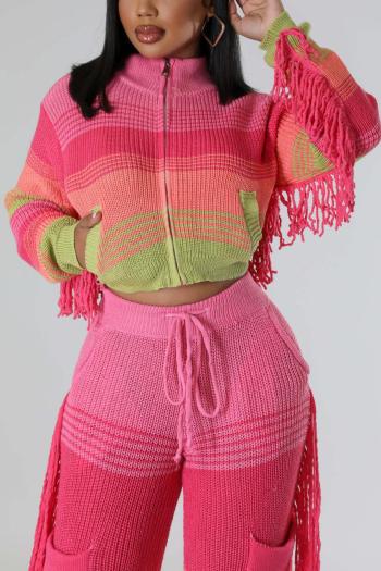 exquisite plus size slight stretch contrast color tassel crop knitted sweater