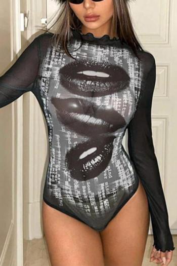 sexy slight stretch lip pattern printing crew neck bodysuit
