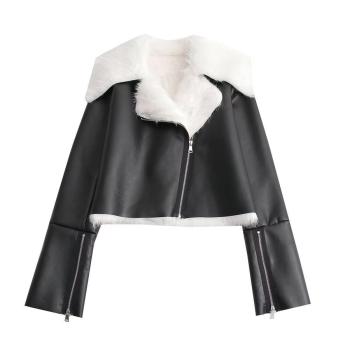 stylish non-stretch zip-up plush pu leather warm jacket size run small