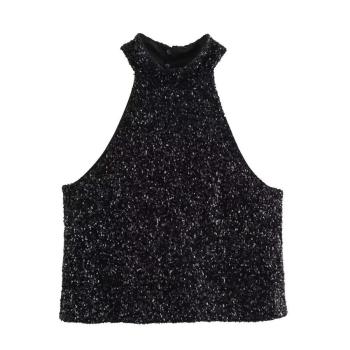 sexy non-stretch solid color sequins crop vest size run small