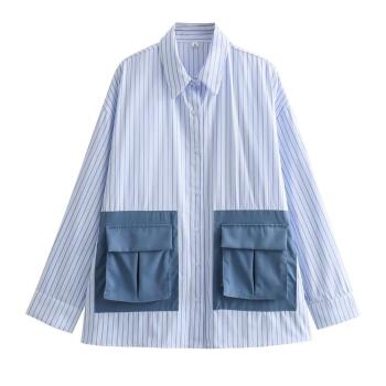 casual slight stretch stripe contrast pockets loose blouses(size run small)