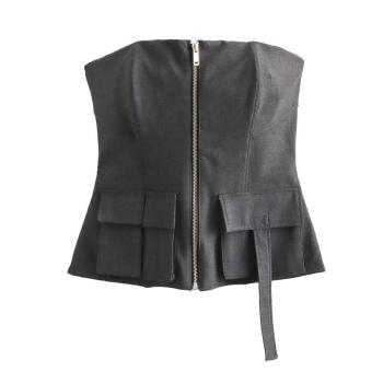 exquisite slight stretch zip-up pockets cropped top(size run small)