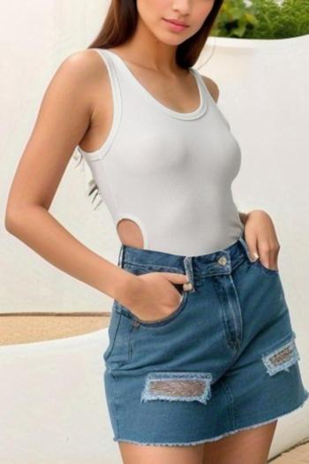 casual slight stretch solid hollow ribbed knit slim bodysuit