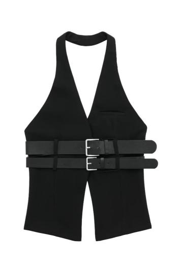 sexy stylish non-stretch halter neck with belt vest size run small