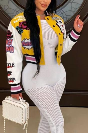 plus size flower letter fixed printing slight stretch casual baseball jacket