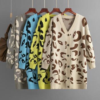 casual slight stretch leopard print knitted cardigan mid length sweater