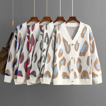 casual slight stretch leopard print jacquard knitted cardigan sweater