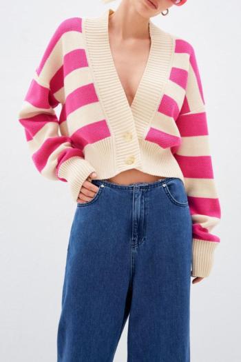 stylish slight stretch knitted striped deep v cardigan thin sweater