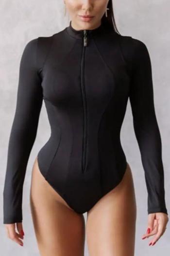 casual slight stretch solid color crew neck zip-up bodysuit