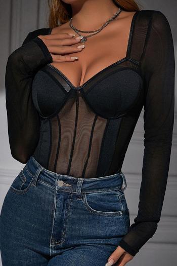 sexy slight stretch mesh patchwork see-through tight backless bodysuit