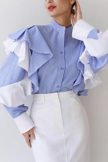 exquisite non-stretch stripe printing ruffle decor crew neck blouses