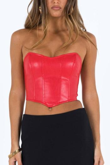 sexy slight stretch solid color pu tight strapless zip-up vest