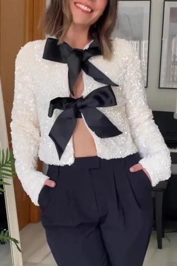 sexy non-stretch sequins bow long-sleeved top