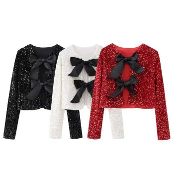 sexy non-stretch sequins bow all-match top size run small