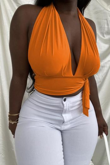 sexy plus size slight stretch solid color halter neck backless crop top