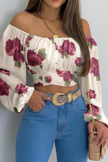 exquisite plus size non-stretch flower printing off shoulder lace-up crop top