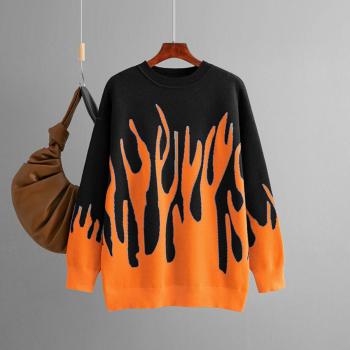 casual slight stretch knitted orange flame jacquard sweater