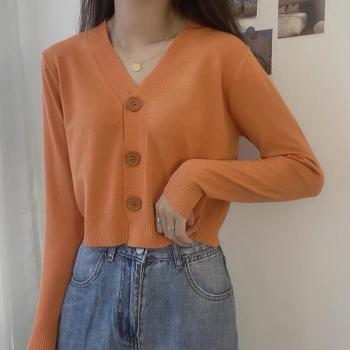 stylish slight stretch solid color loose knitted crop orange sweater