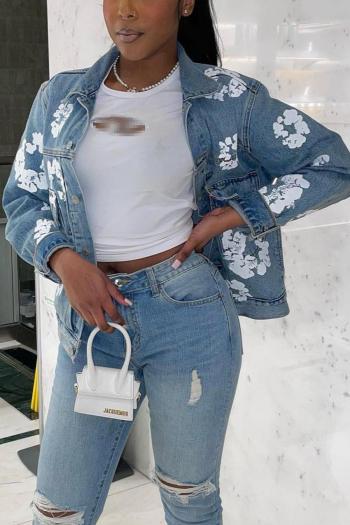 stylish plus size non-stretch denim printed single-breasted jacket(only jacket)