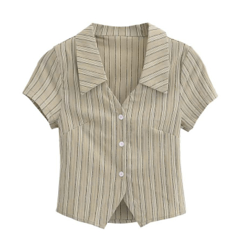 casual non-stretch jacquard striped slim crop short sleeve shirt size run small