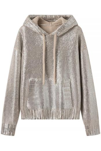 stylish slight stretch silver coating knitted hooded pocket all-match sweater