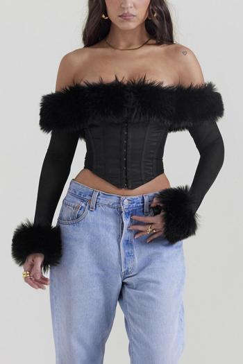 sexy non-stretch rubber bone off-shoulder tight removable fuzzy crop top