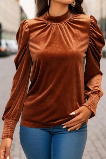 stylish slight stretch velvet pure color long sleeve all-match top(only top)