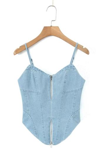 sexy non-stretch denim solid color zip-up tank top size run small
