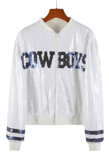 casual slight stretch letter pentagram sequin decor crew neck zip-up jacket