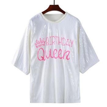 casual slight stretch letter pattern sequin decor crew neck t-shirts