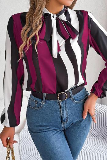 stylish non-stretch 3 colors stripe print long sleeve lace-up all-match blouse