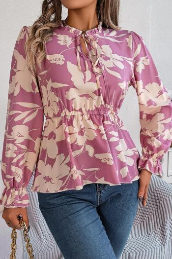 casual non-stretch floral printing long sleeve lace-up all-match blouse